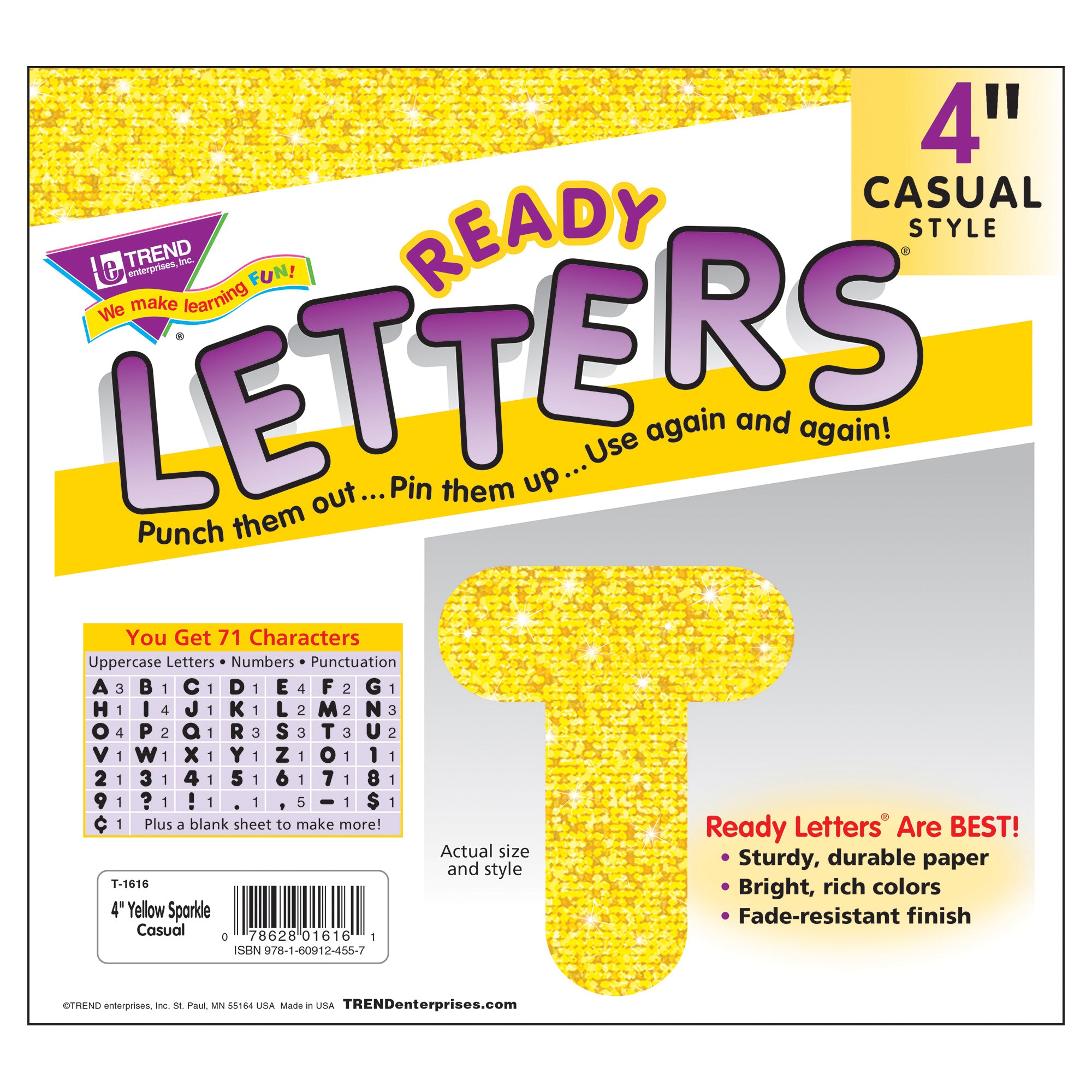 Yellow Sparkle 4" Casual Uppercase Ready Letters®, 71 Per Pack, 3 Packs