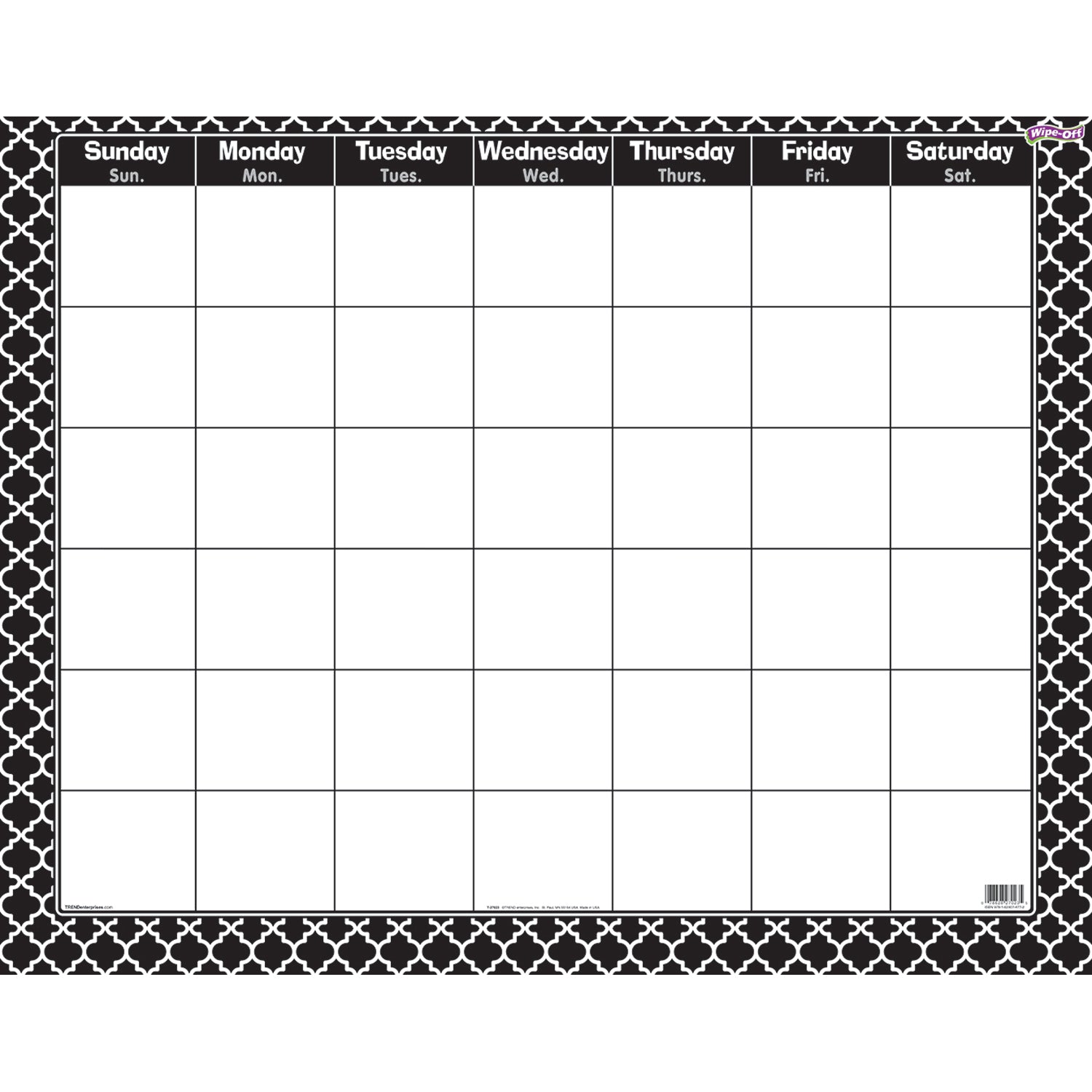 Moroccan Black Wipe-Off® Calendar, Monthly, Pack of 6