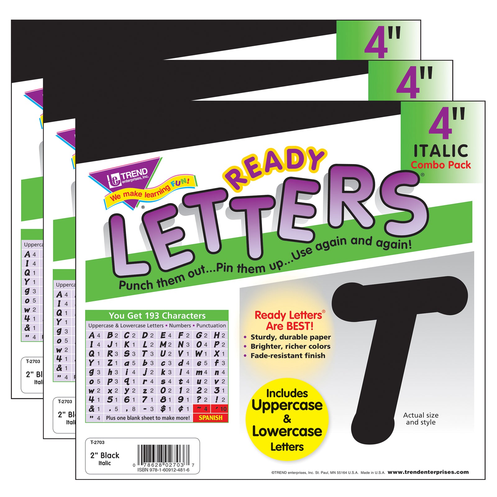 Black 4-Inch Italic Uppercase/Lowercase Combo Pack (EN/SP) Ready Letters®, 193 Per Pack, 3 Packs