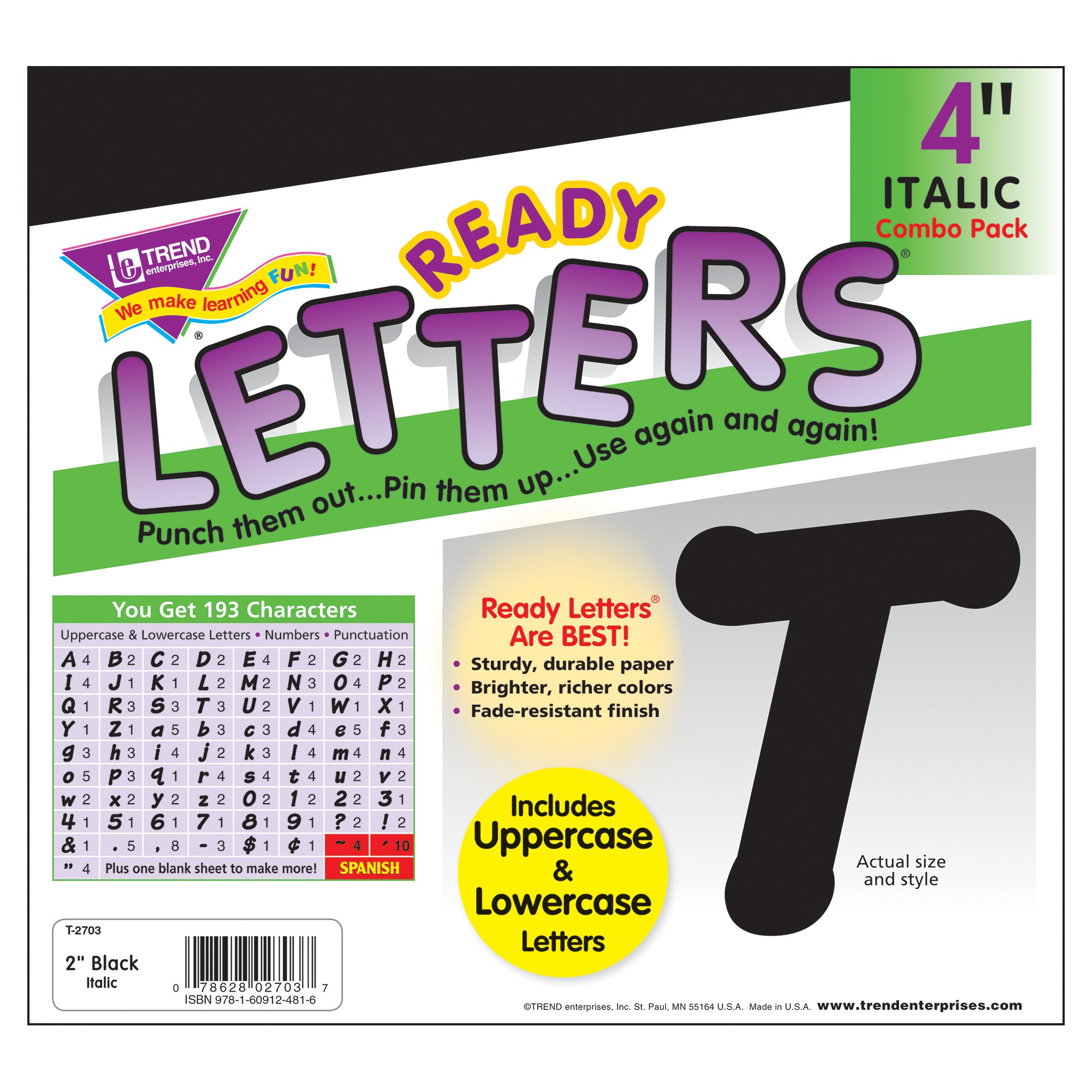 Black 4-Inch Italic Uppercase/Lowercase Combo Pack (EN/SP) Ready Letters®, 193 Per Pack, 3 Packs