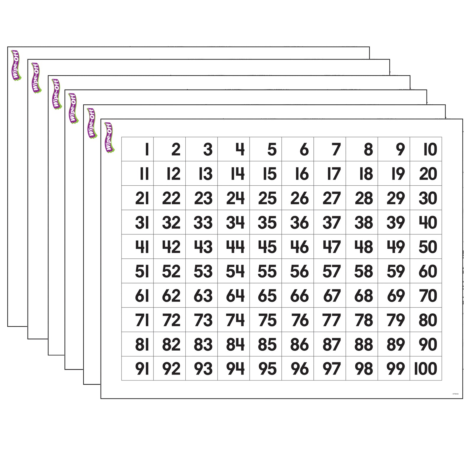 Numbers 1-100 Wipe-Off® Chart, 17" x 22", Pack of 6