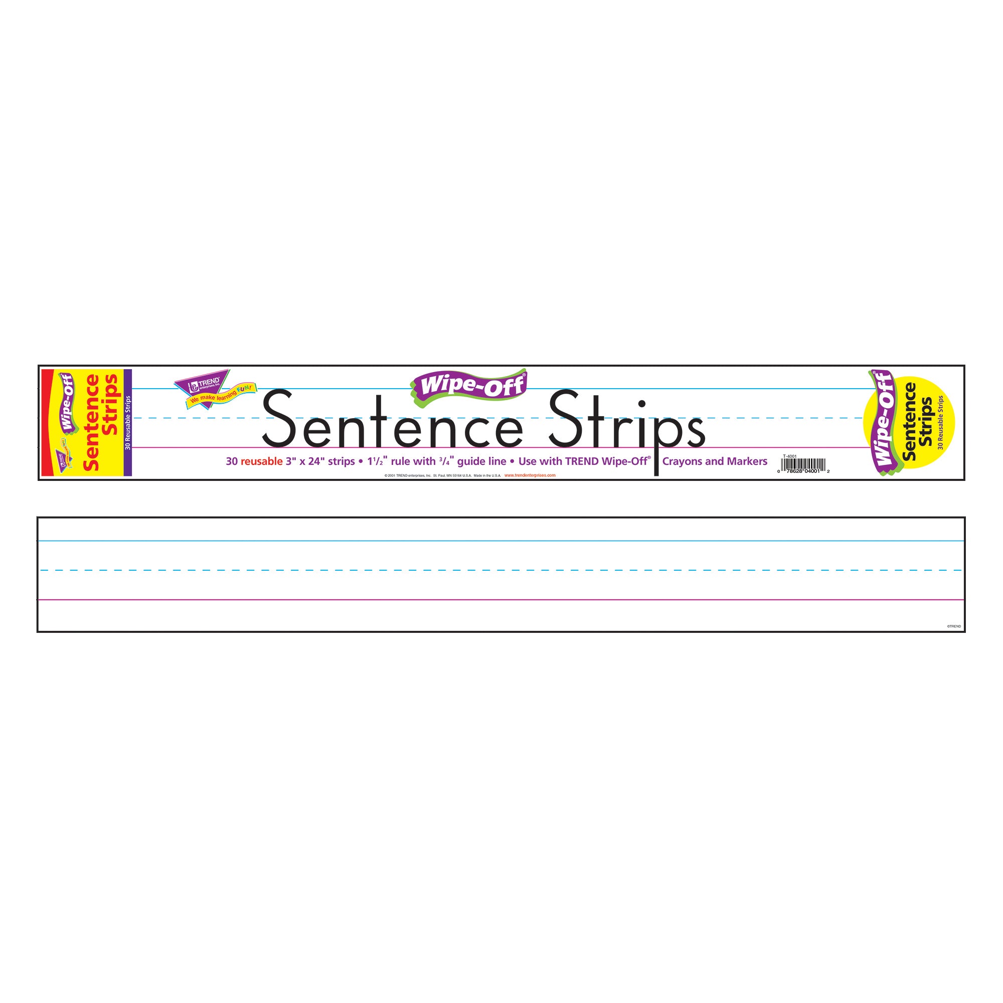 Wipe-Off® Sentence Strips, 3" x 24", White, 30 Per Pack, 3 Packs