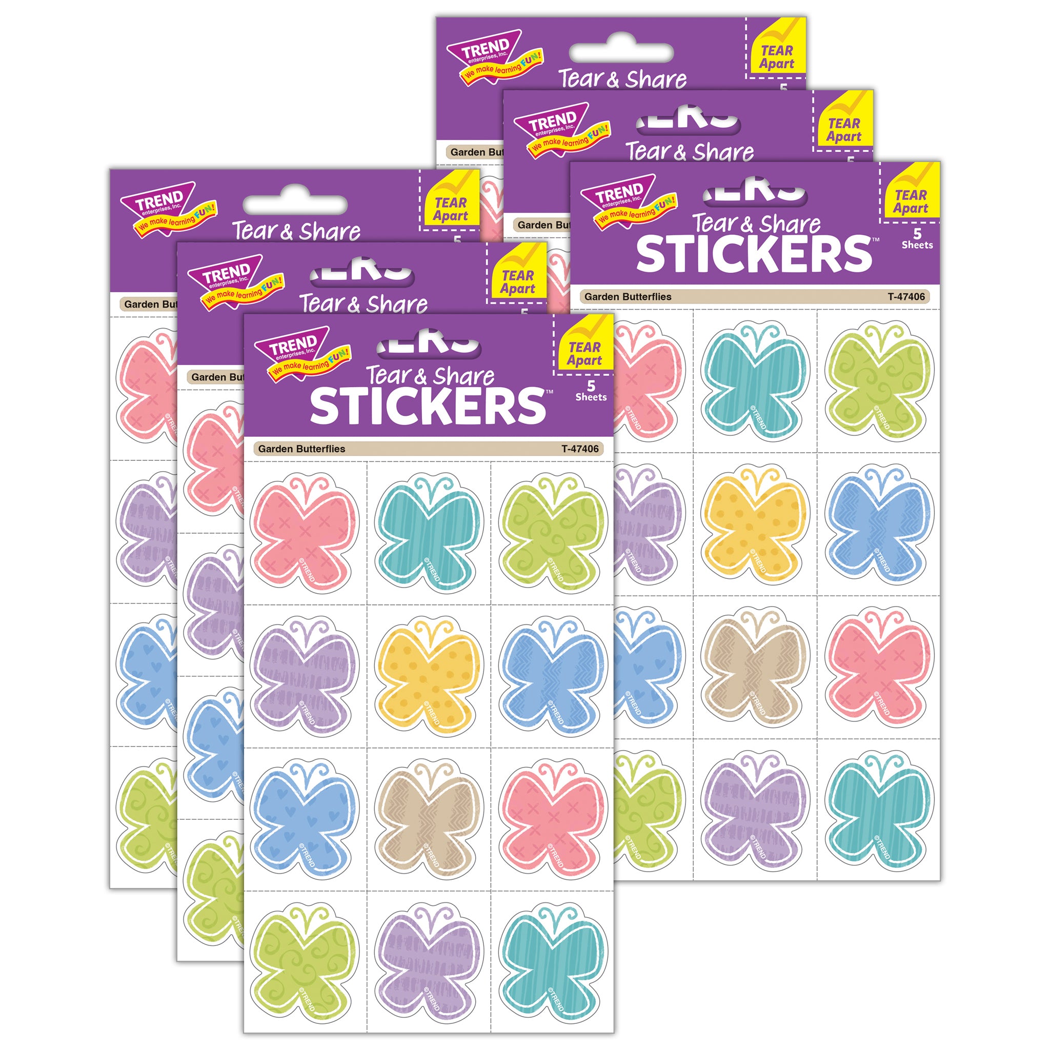 Garden Butterflies Tear & Share Stickers®, 60 Per Pack, 6 Packs