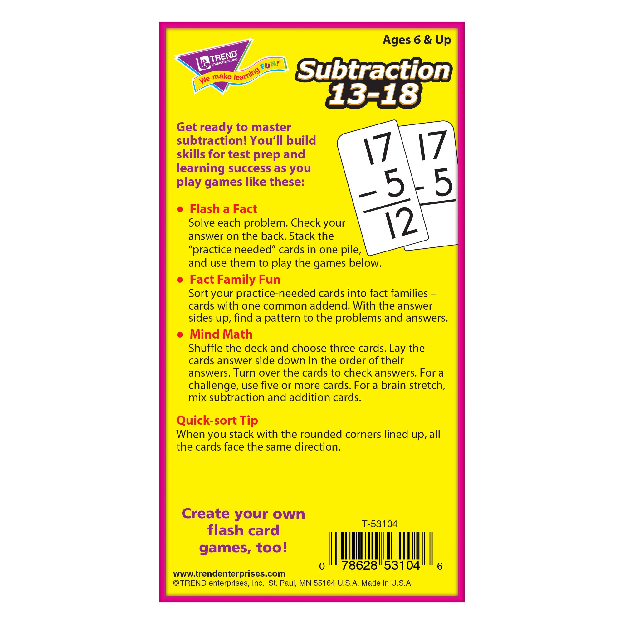 Subtraction 13-18 Skill Drill Flash Cards, 3 Packs