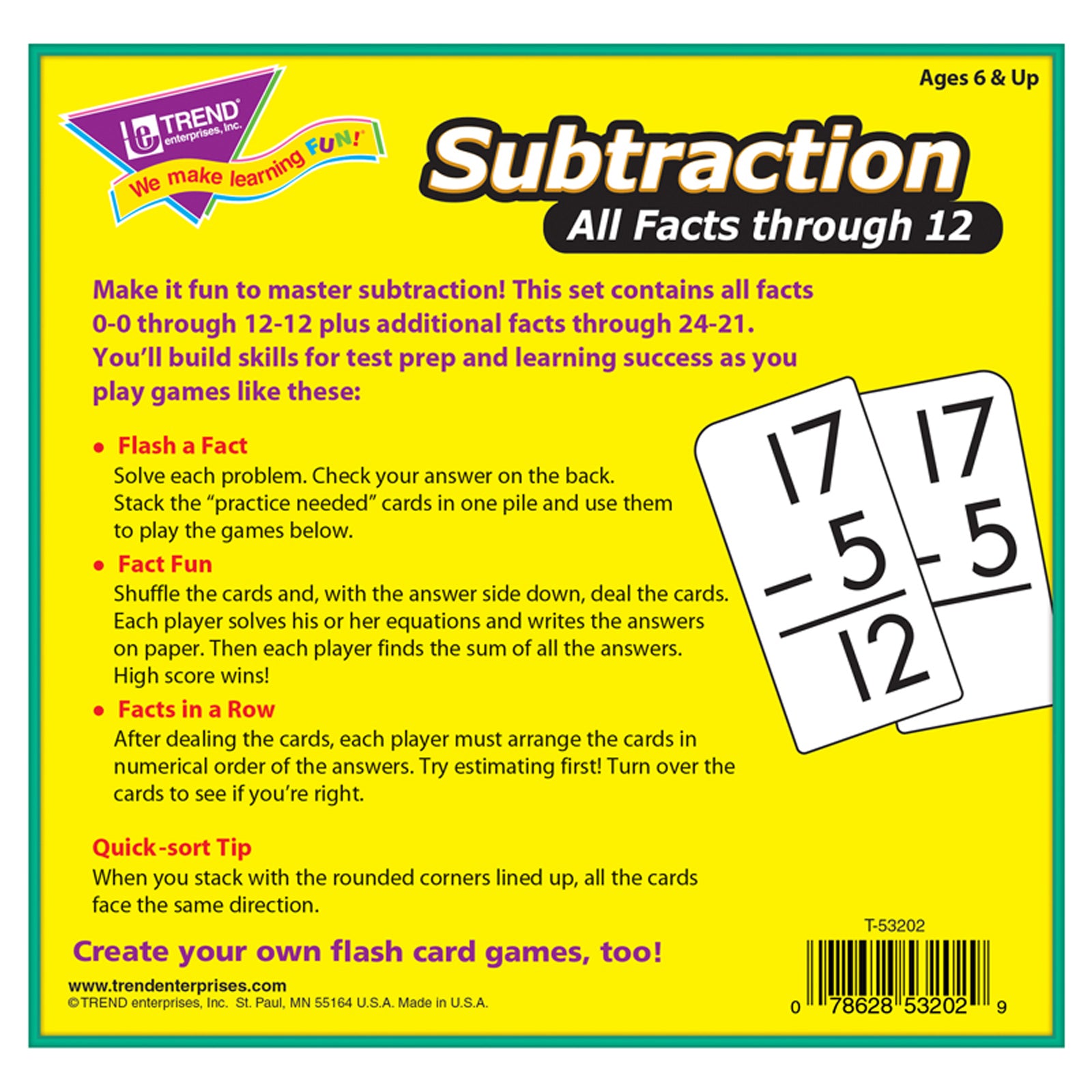 Subtraction 0-12 All Facts Skill Drill Flash Cards