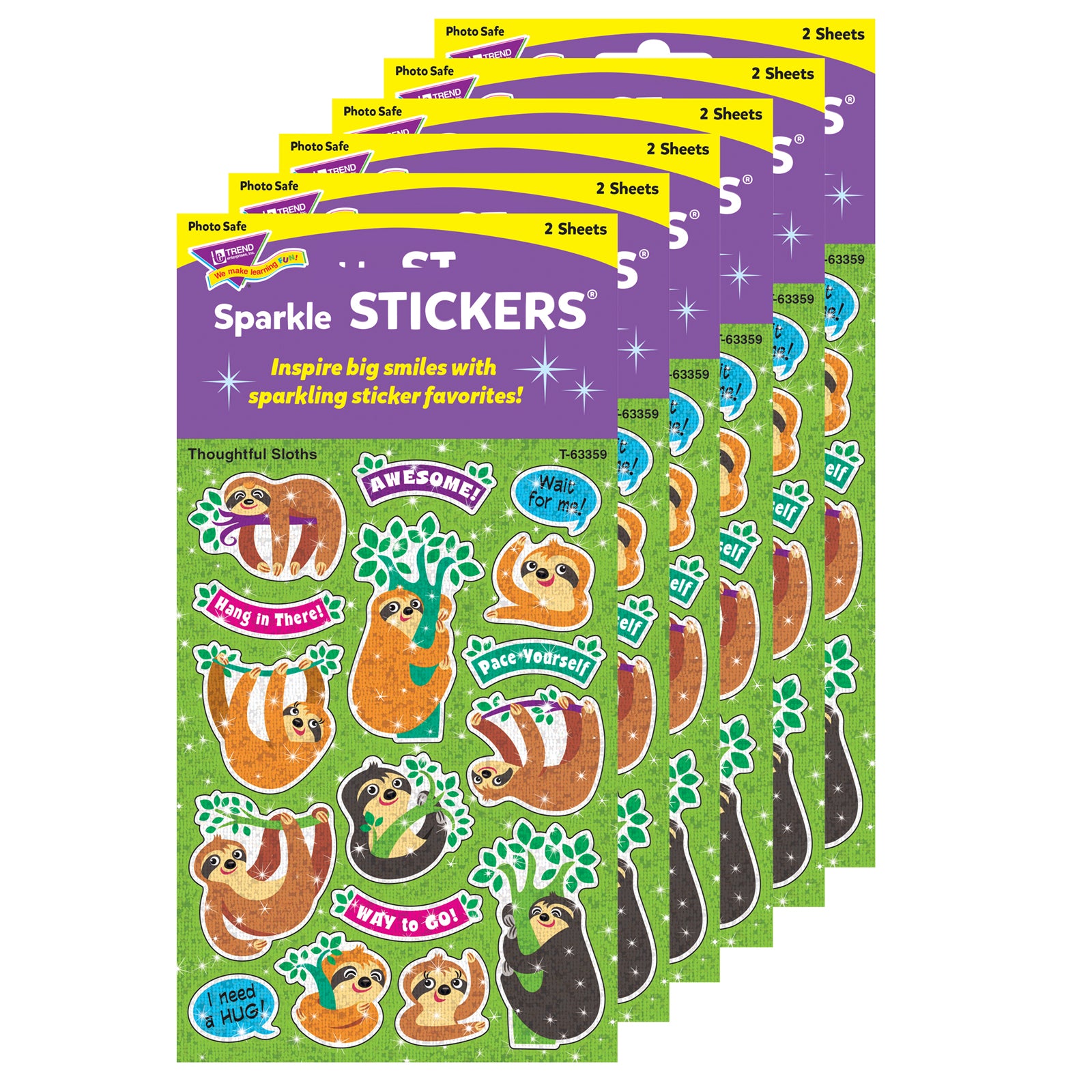 Thoughtful Sloths Sparkle Stickers®, 32 Per Pack, 6 Packs