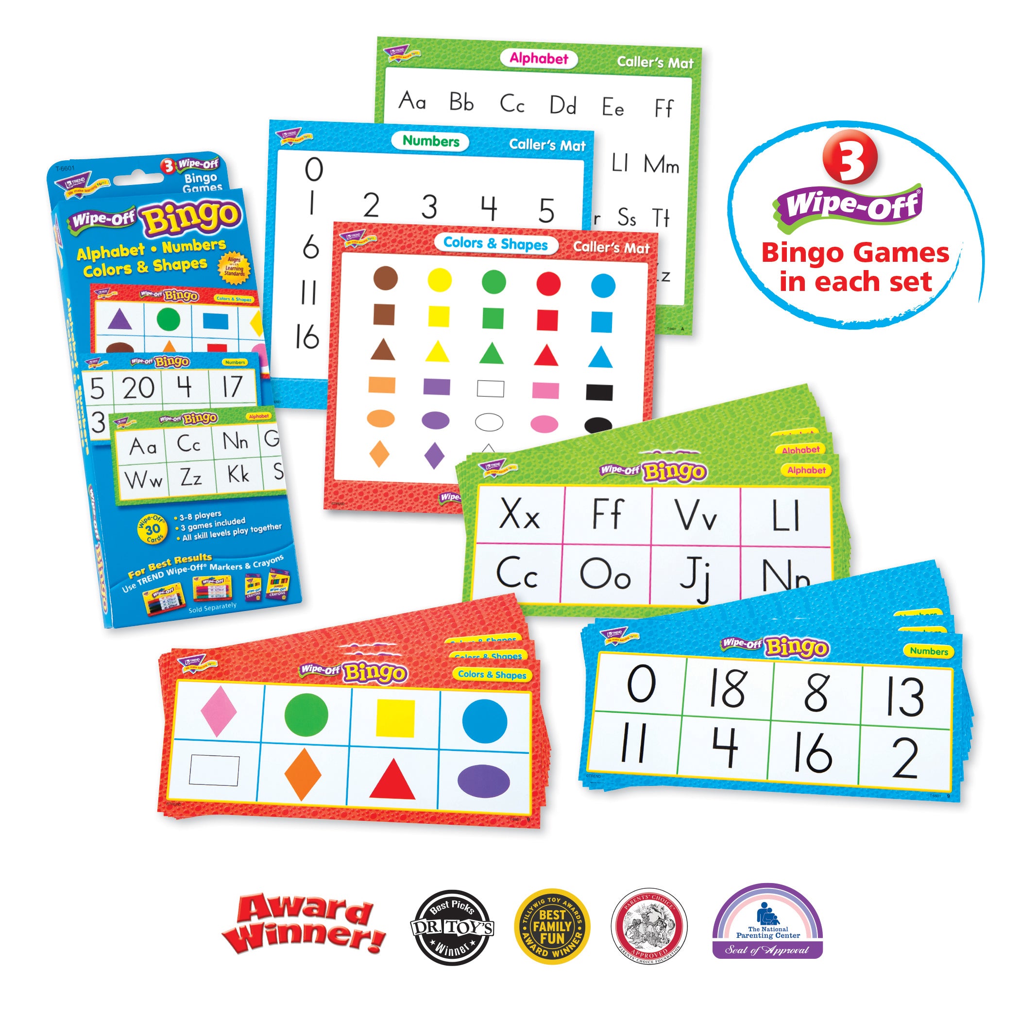 Alphabets, Number, Shapes and Colors Wipe-Off Bingo Cards, 3 Packs