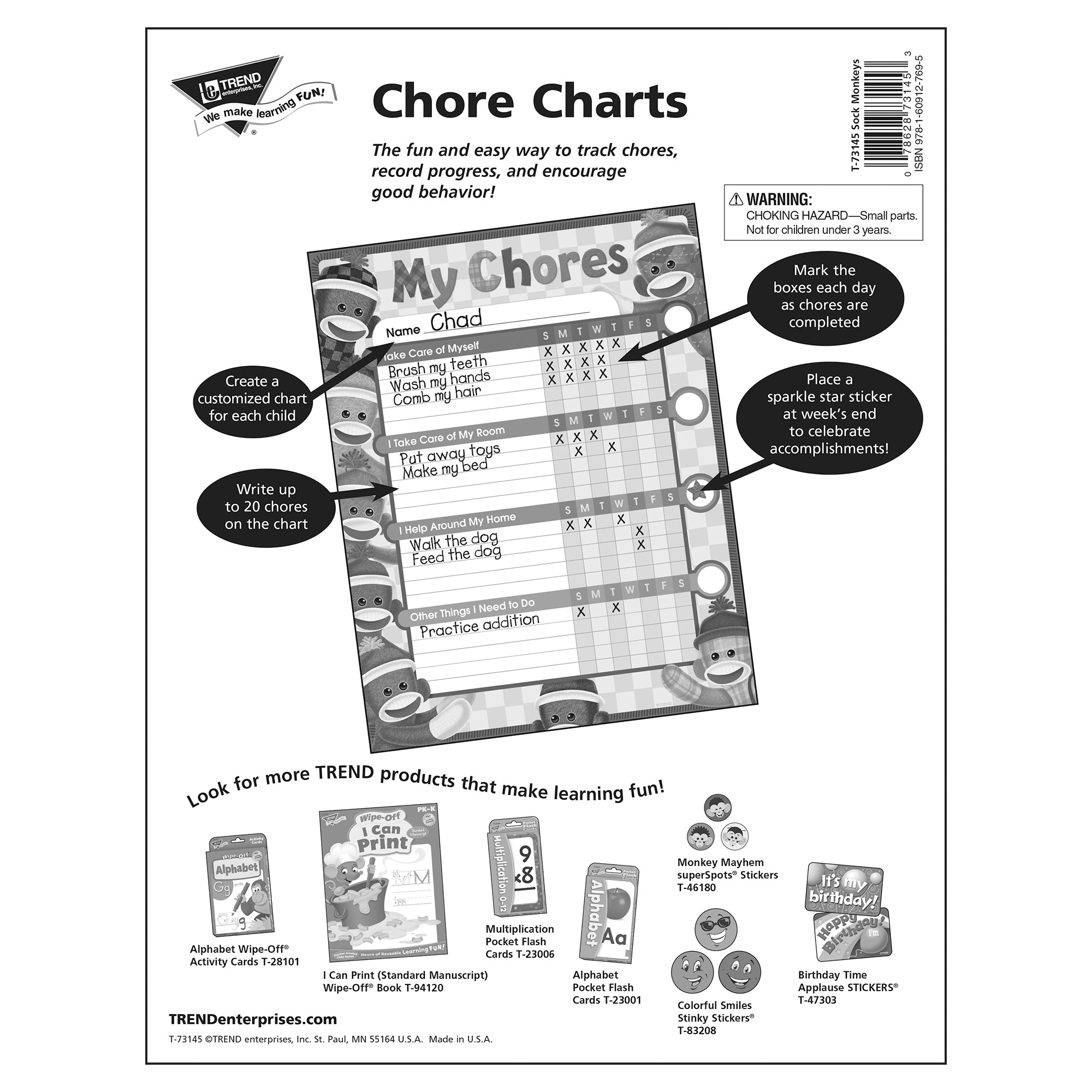 Sock Monkeys Chore Charts, 25 Per Pack, 3 Packs