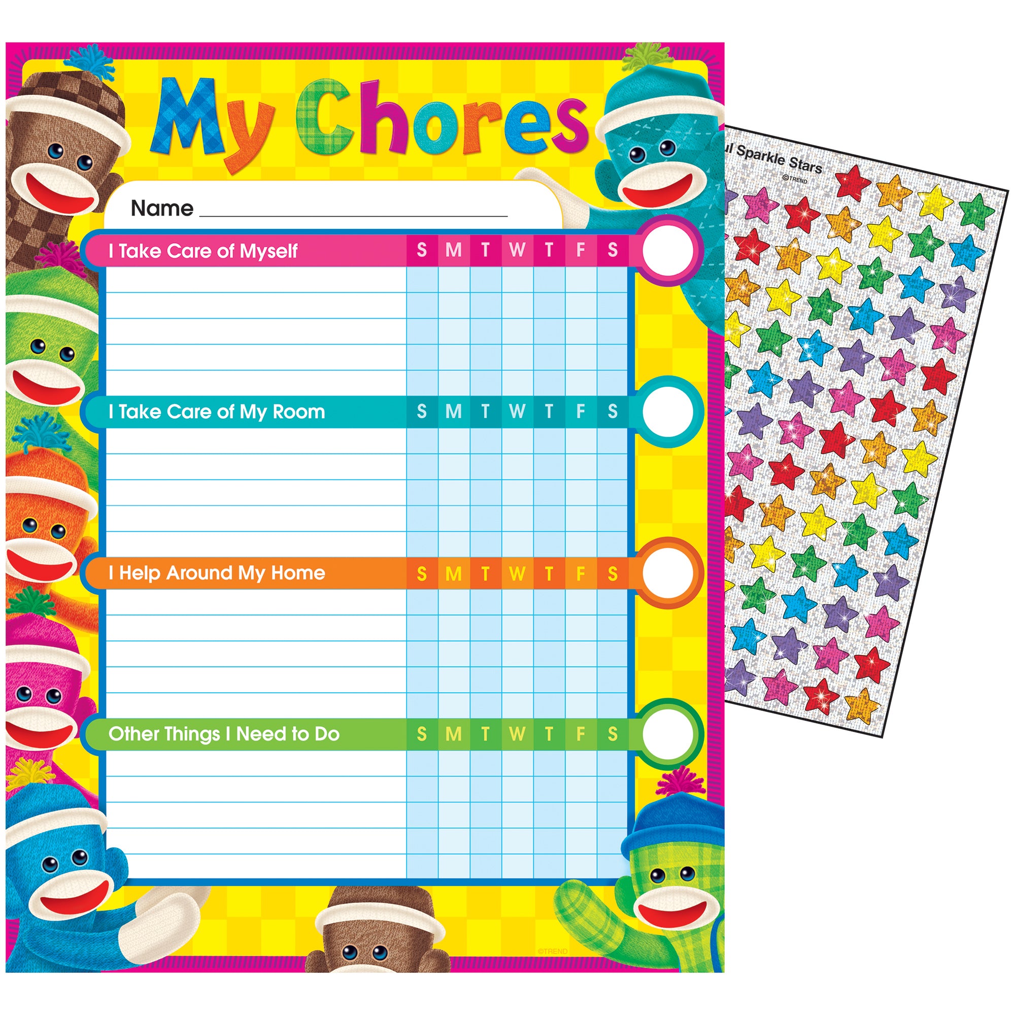 Sock Monkeys Chore Charts, 25 Per Pack, 3 Packs