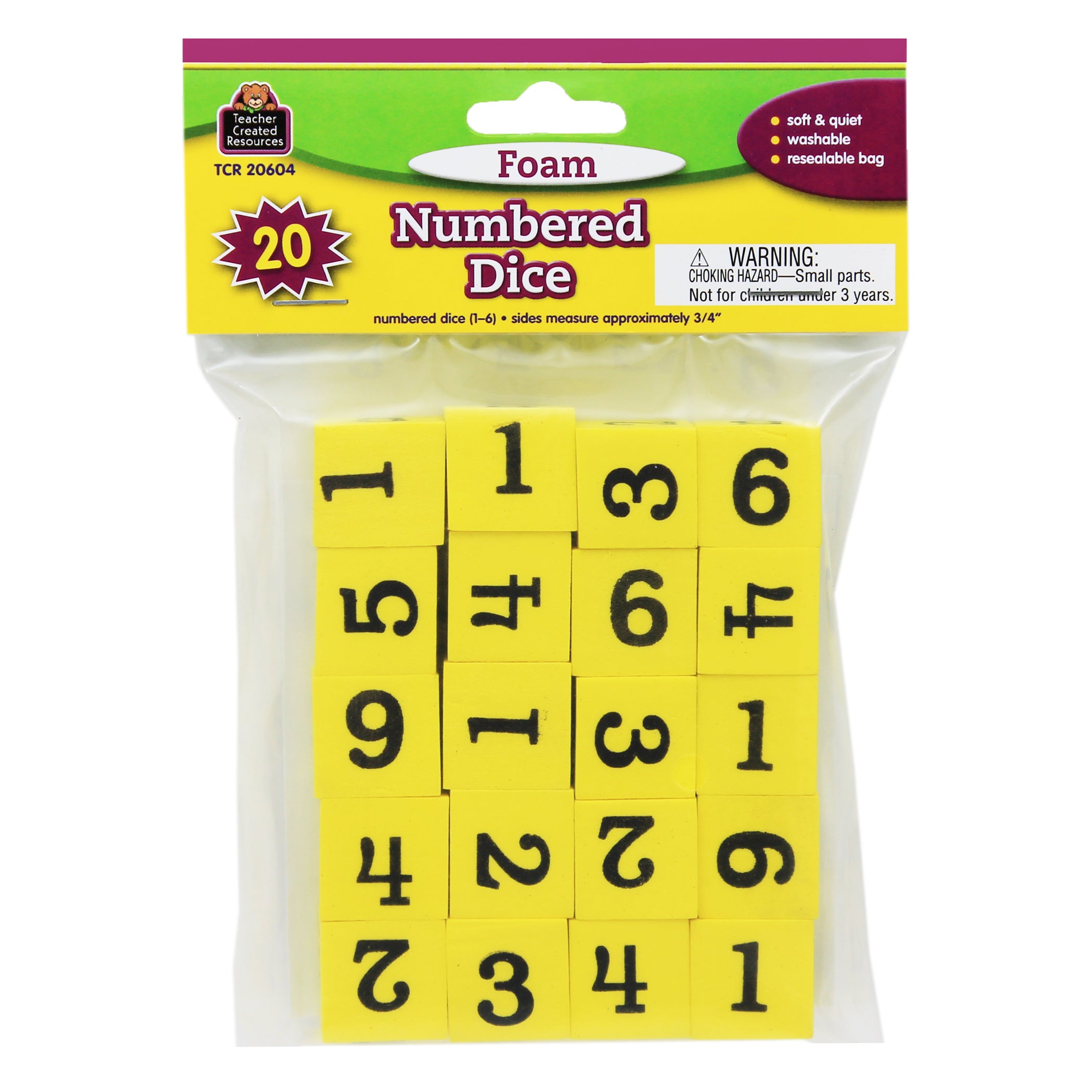 Foam Numbered Dice (1-6), 20 Per Pack, 3 Packs