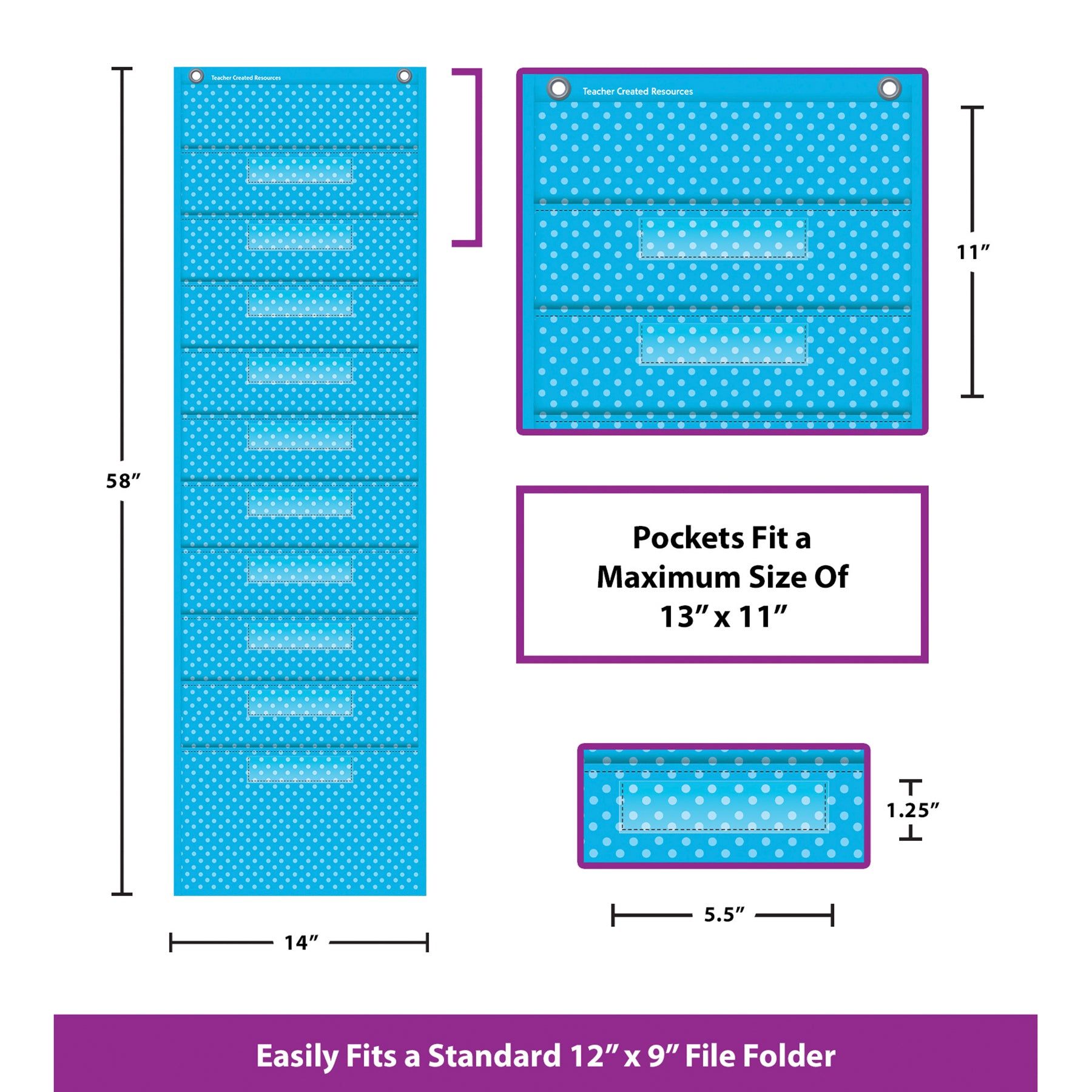 Aqua Polka Dots 10 Pocket File Storage Pocket Chart, 14" x 58"