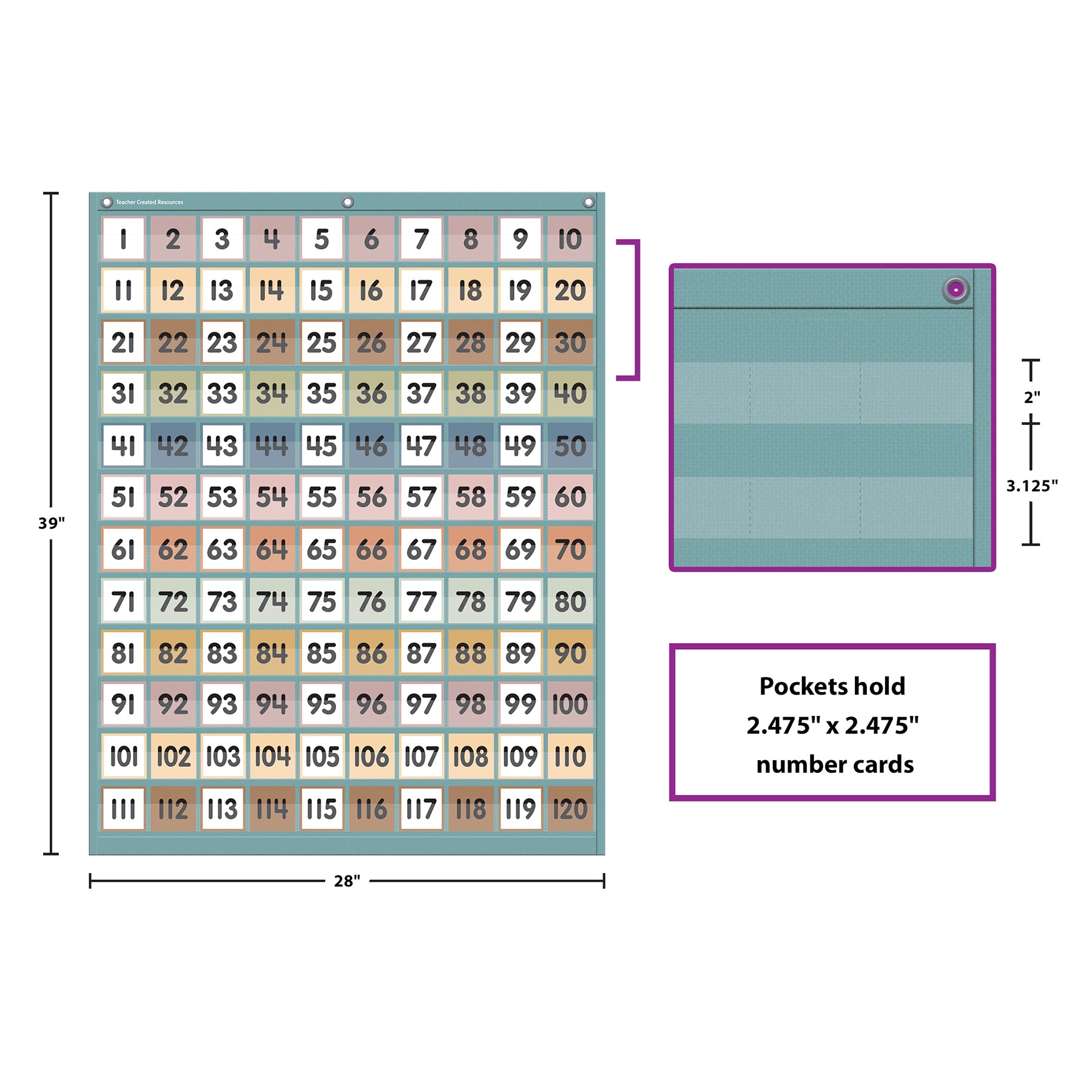 Calming Colors 1-120 Pocket Chart, 28" x 39"
