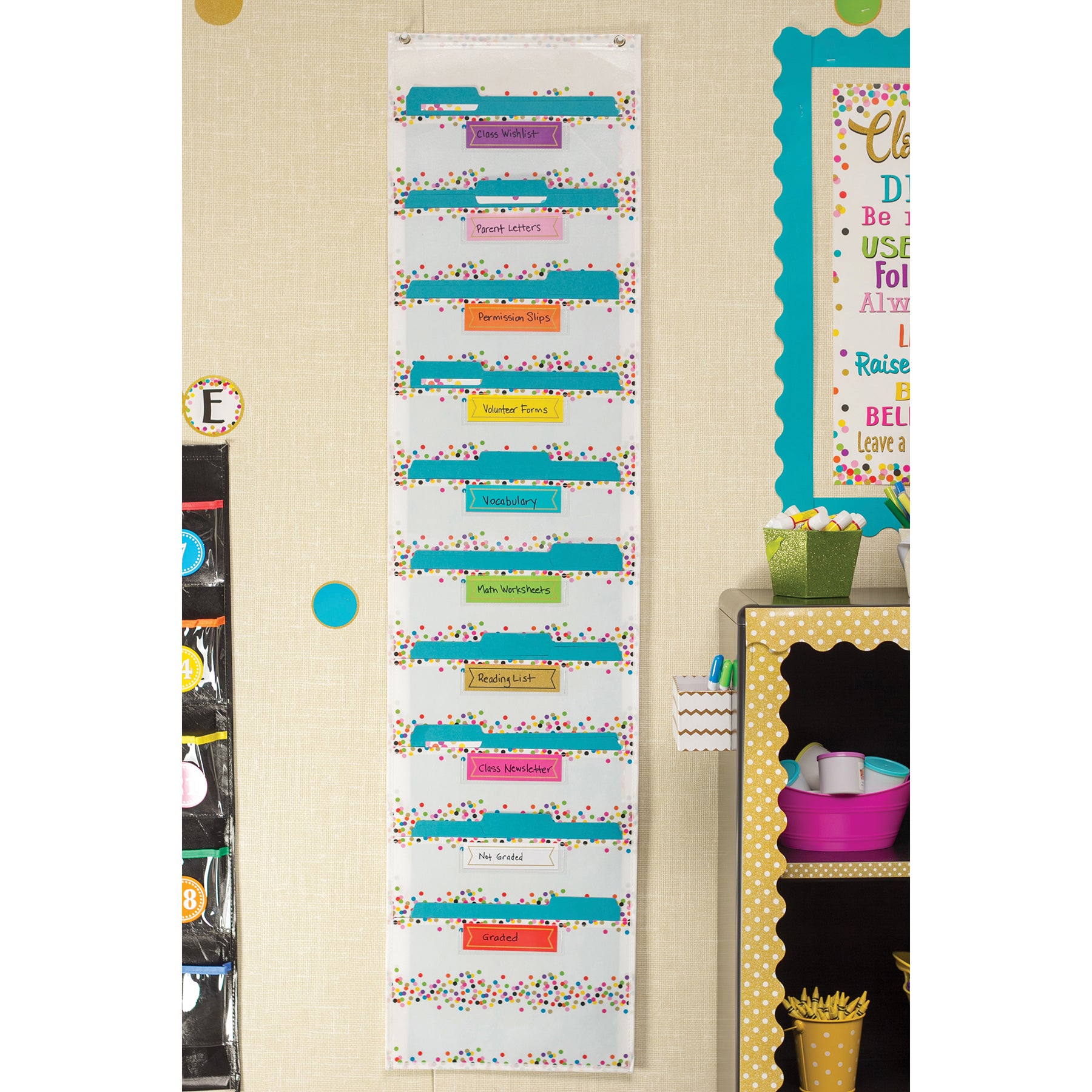 File Storage Pocket Chart, 10 Pockets, Confetti, 14" x 58"