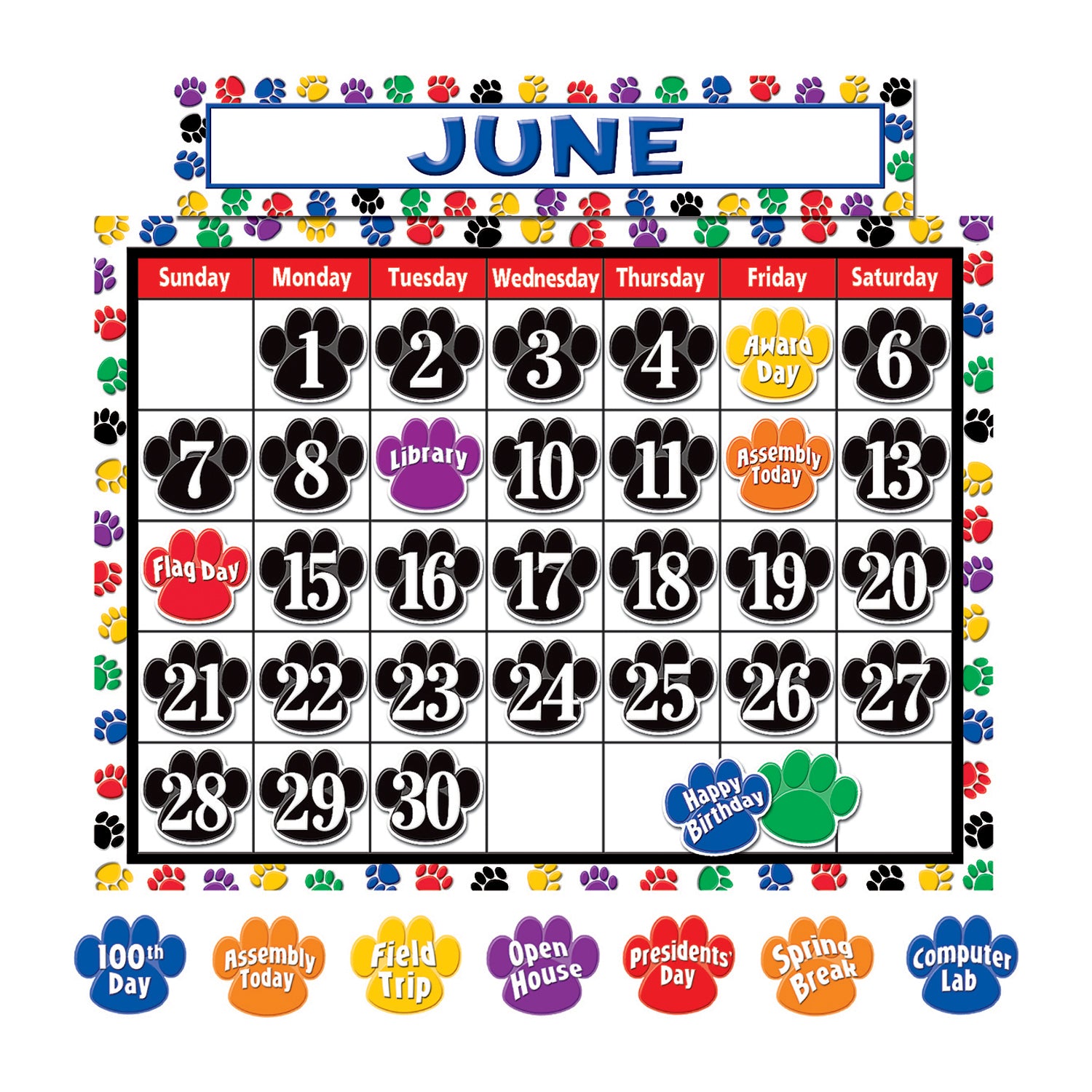 Colorful Paw Prints Calendar Bulletin Board Set, 2 Sets