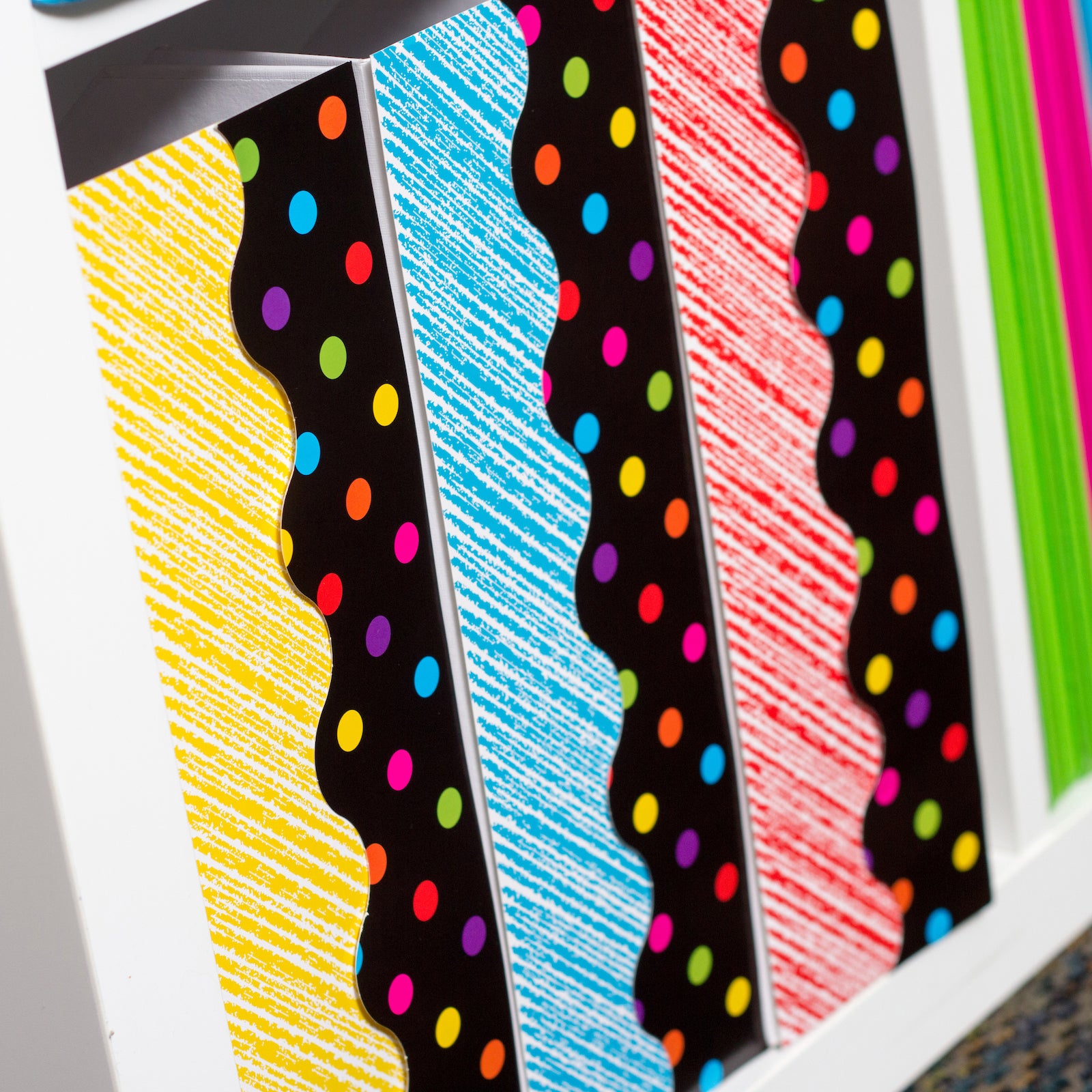 Multicolor Dots on Black Scalloped Border Trim, 35 Feet Per Pack, 6 Packs