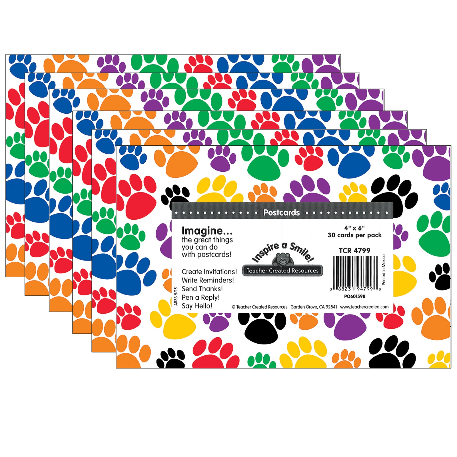 Colorful Paw Prints Postcards, 30 Per Pack, 6 Packs