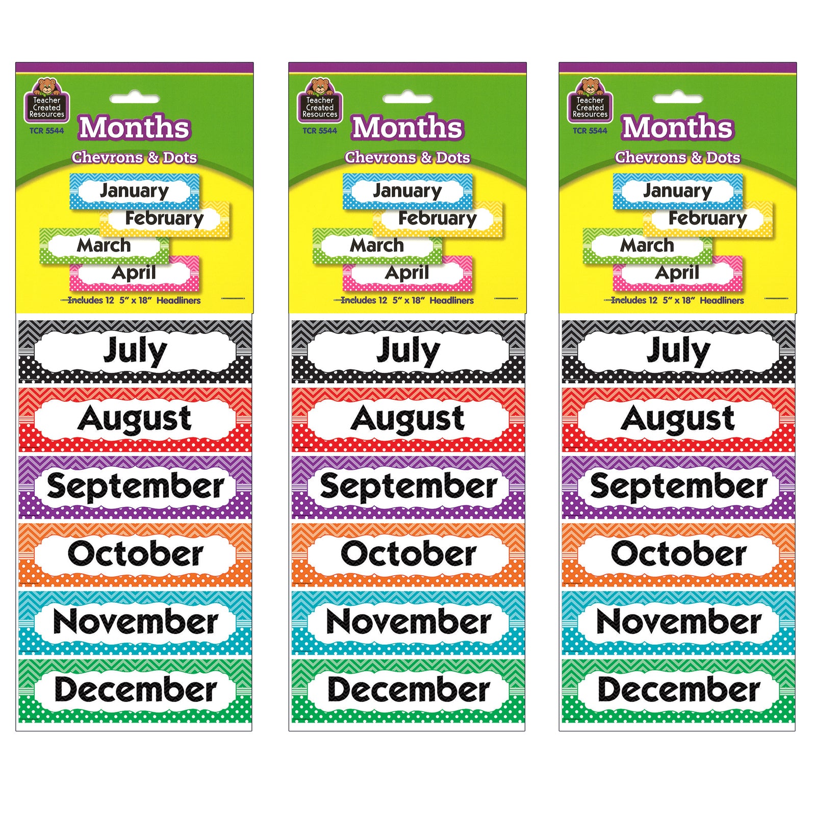 Chevrons and Dots Monthly Headliners, 12 Pieces Per Pack, 3 Packs