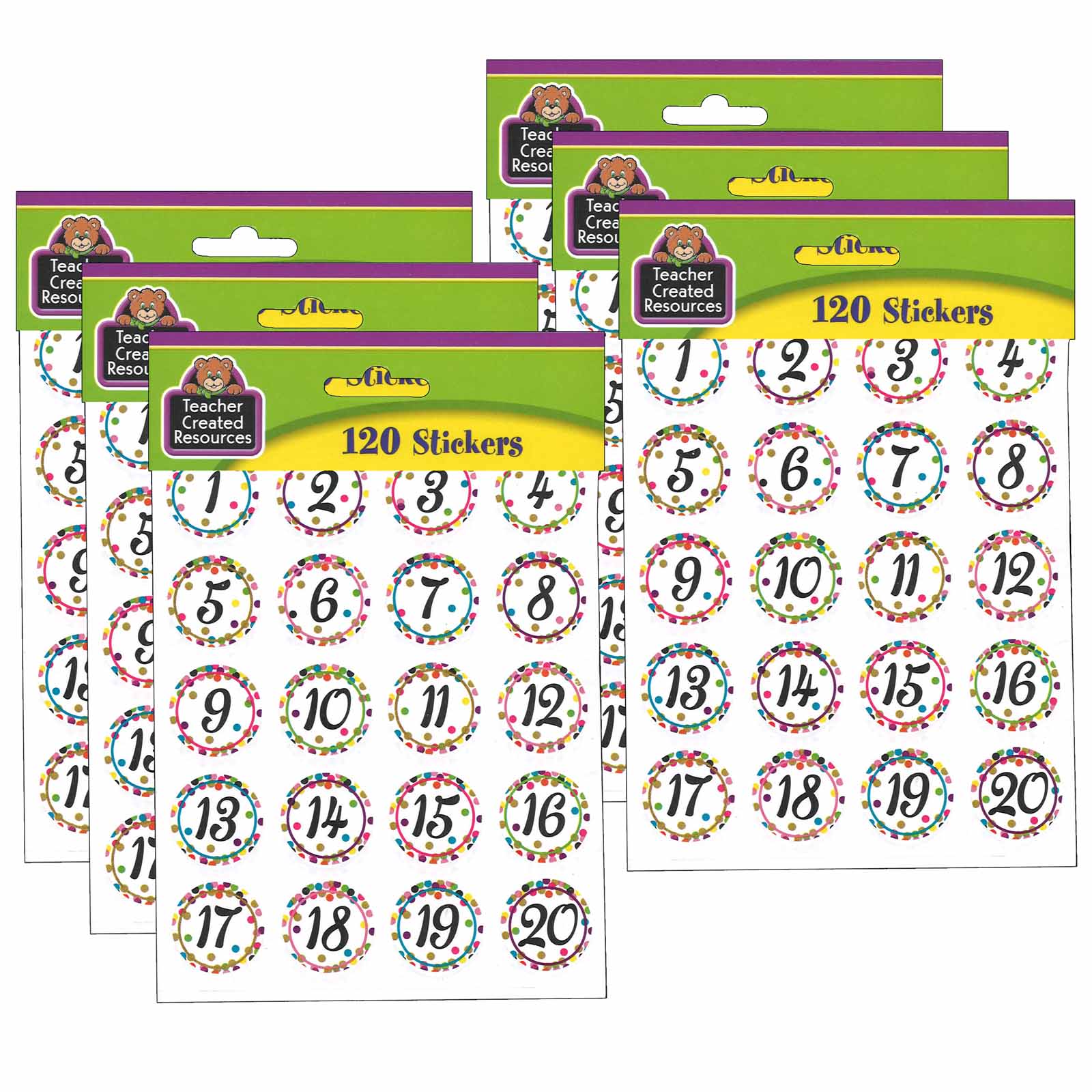 Confetti Numbers Stickers, 120 Per Pack, 6 Packs