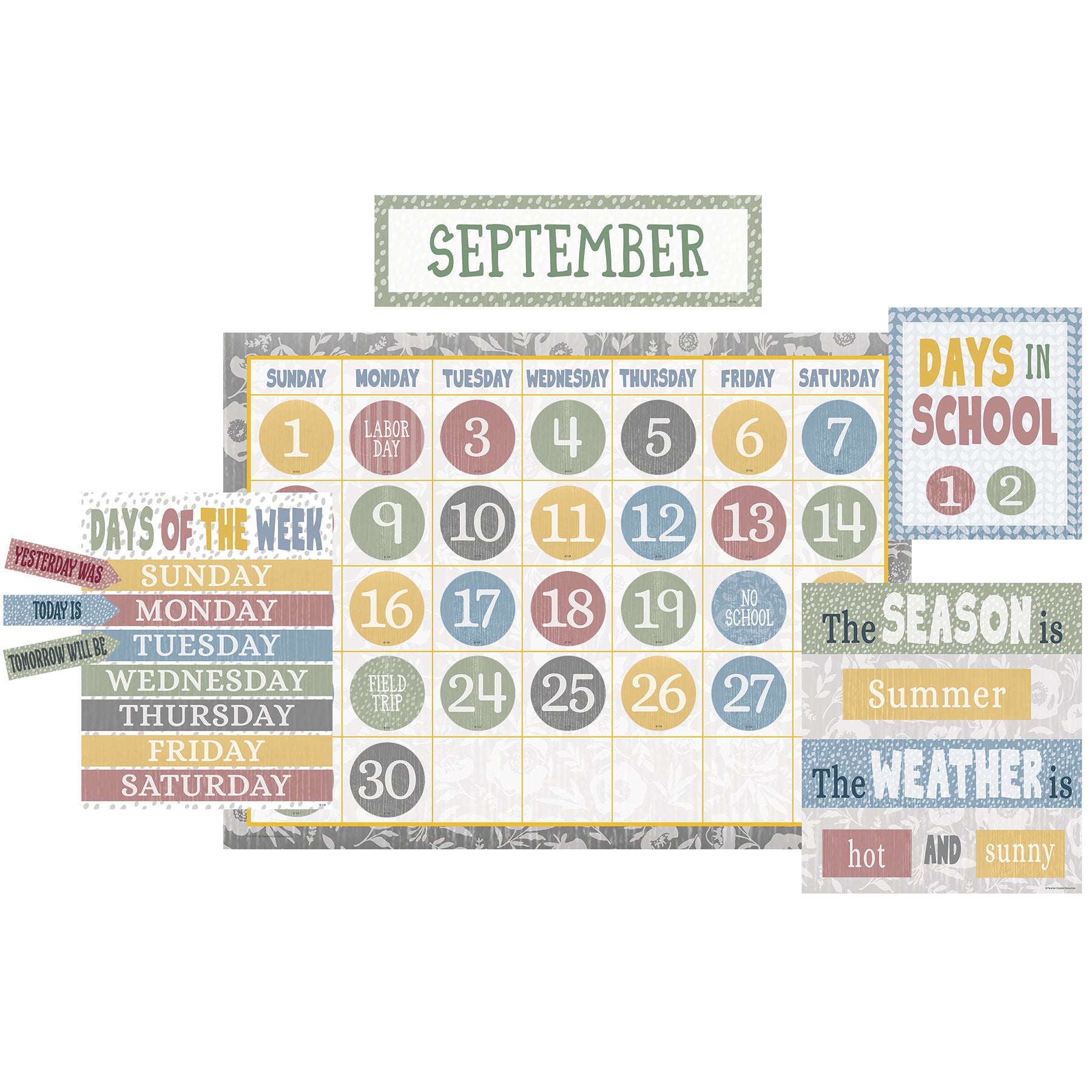 Classroom Cottage Calendar Bulletin Board Set, 109 Pieces