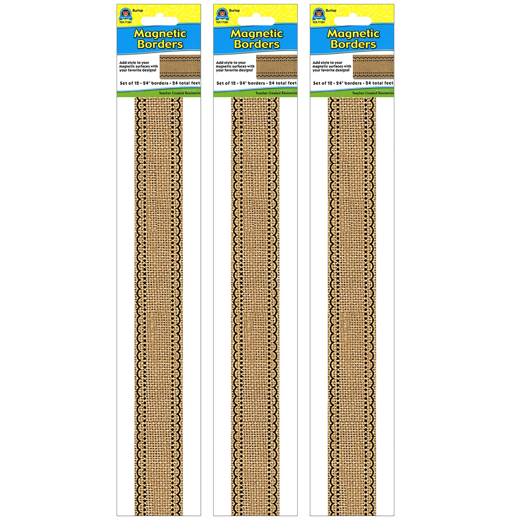 Burlap Design Magnetic Border, 24 Feet Per Pack, 3 Packs