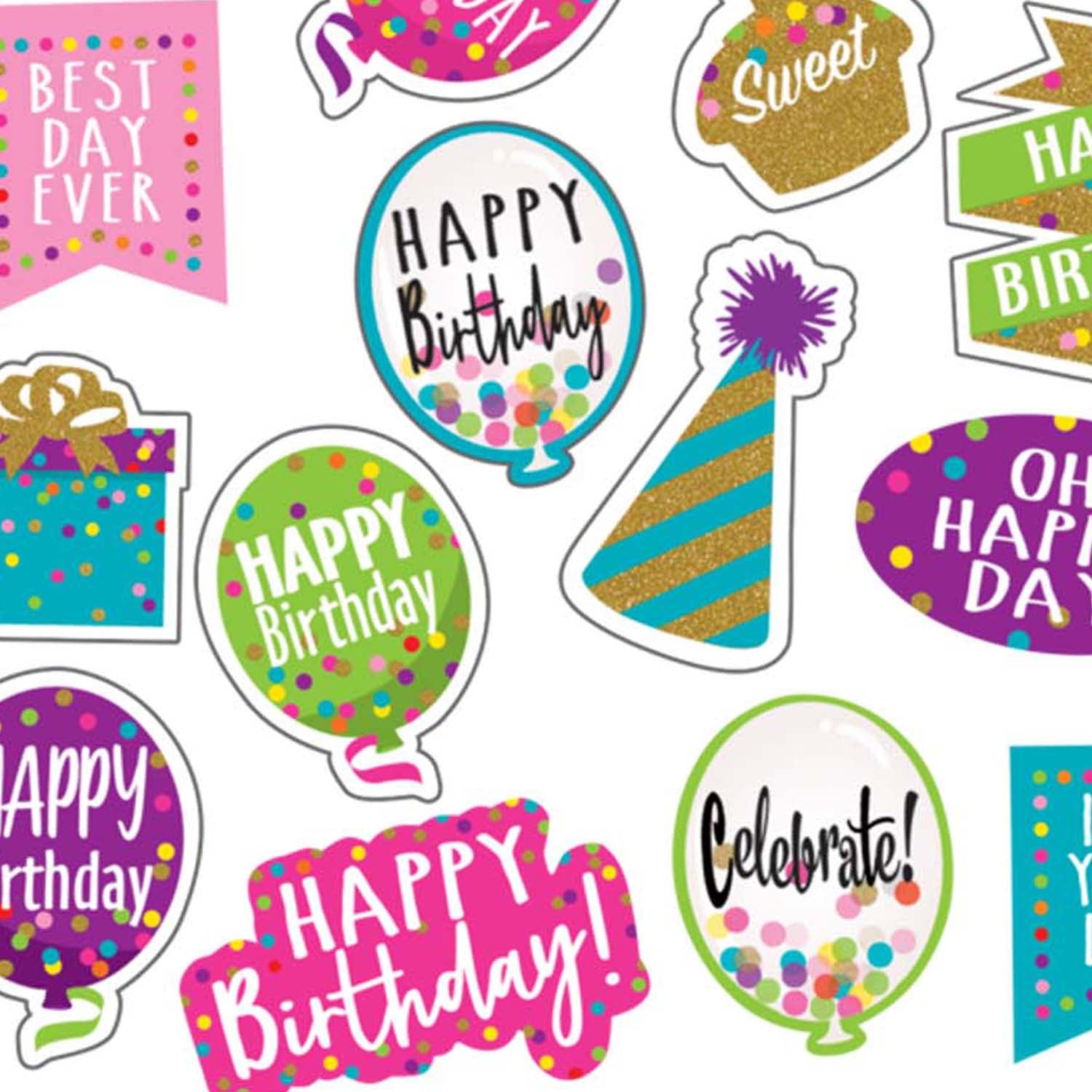 Confetti Happy Birthday Stickers, 120 Per Pack, 12 Packs