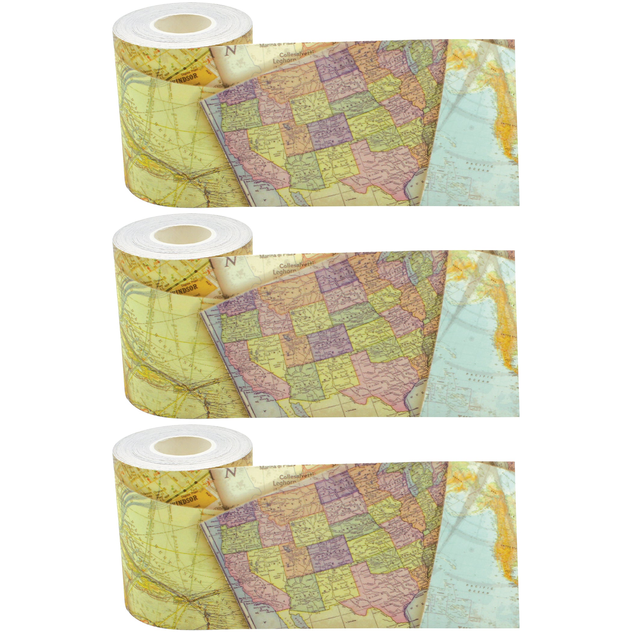 Travel the Map Straight Rolled Border Trim, 50 Feet Per Roll, Pack of 3