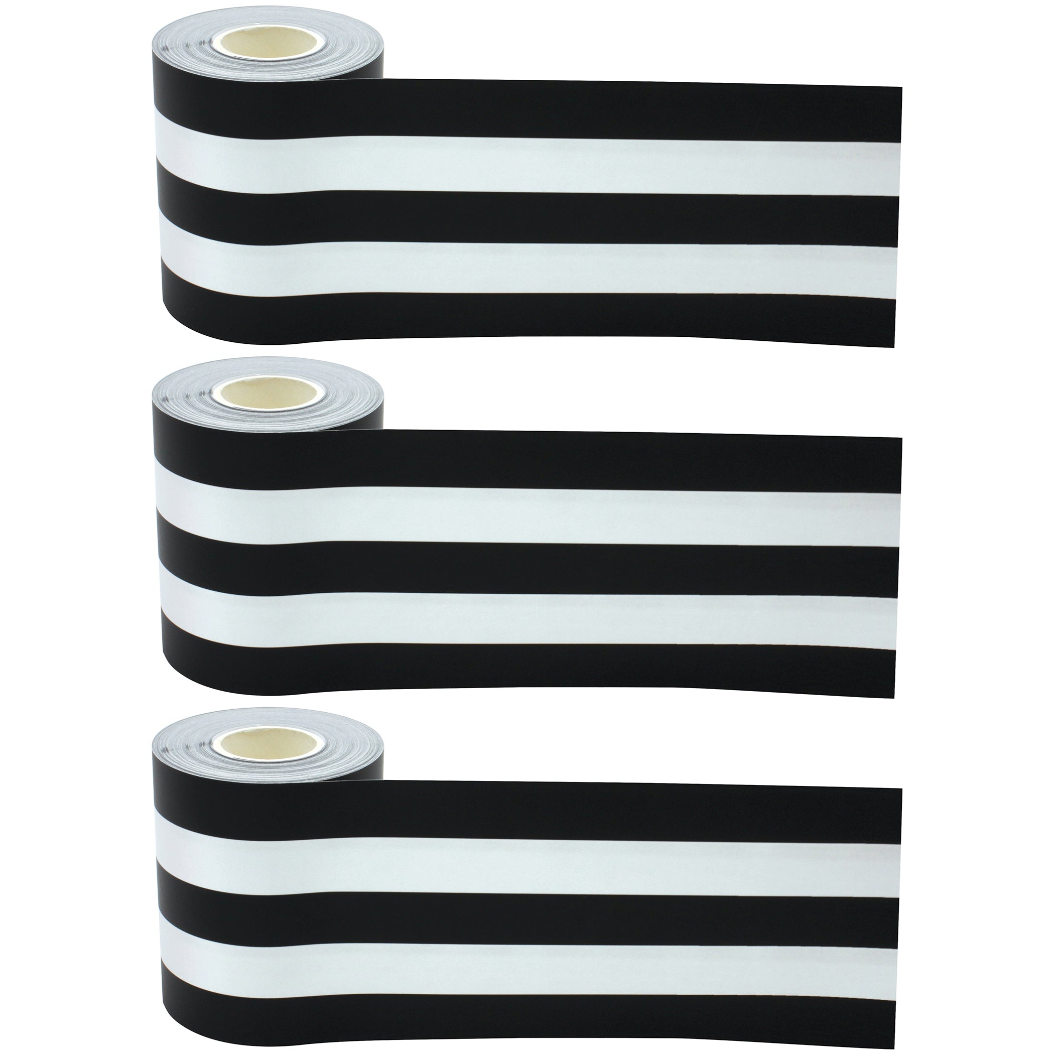 Black & White Stripes Straight Rolled Border Trim, 50 Feet Per Roll, Pack of 3