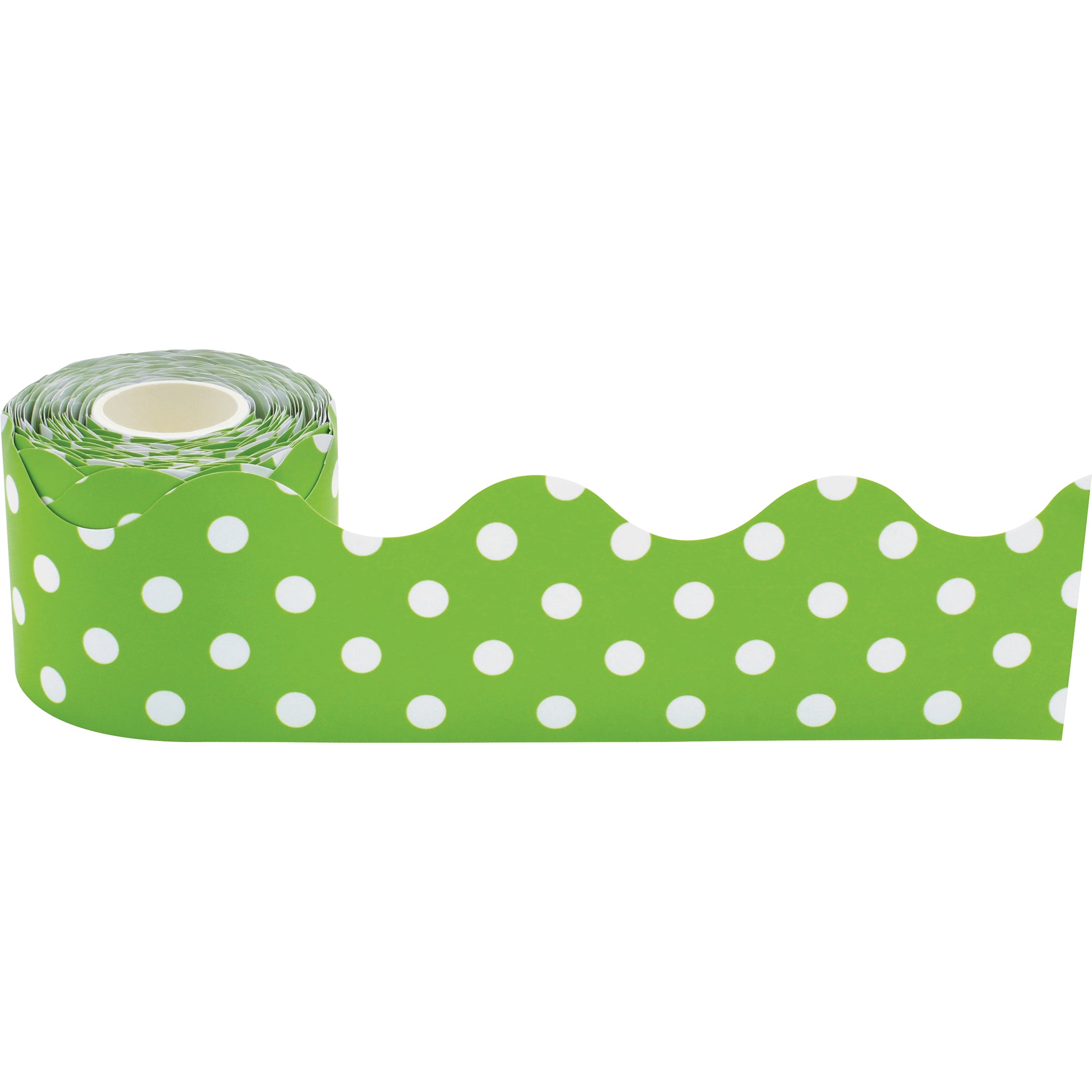 Lime Polka Dots Scalloped Rolled Border Trim, 50 Feet Per Roll, Pack of 3