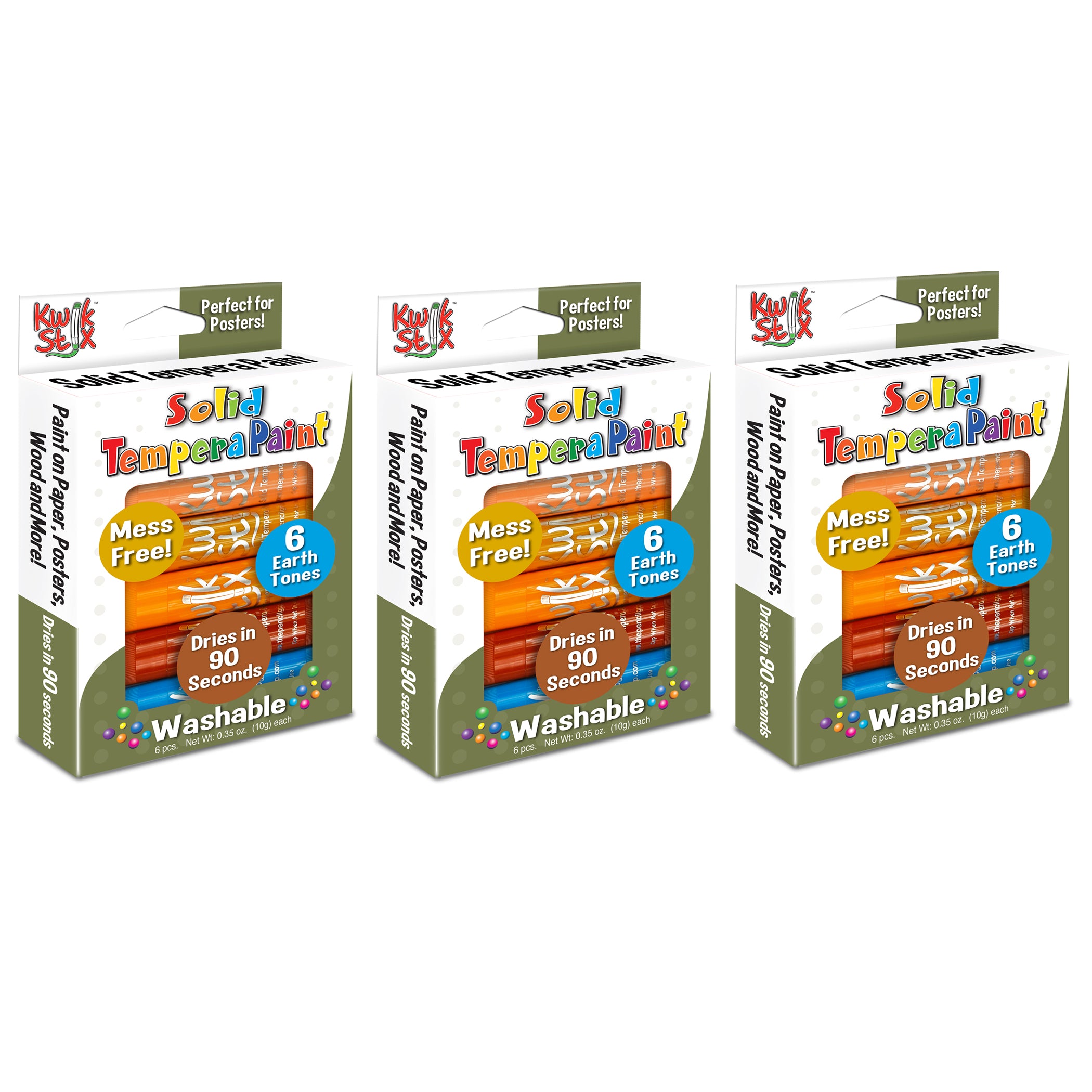 Solid Tempera Paint, Earth Tones, 6 Per Pack, 3 Packs