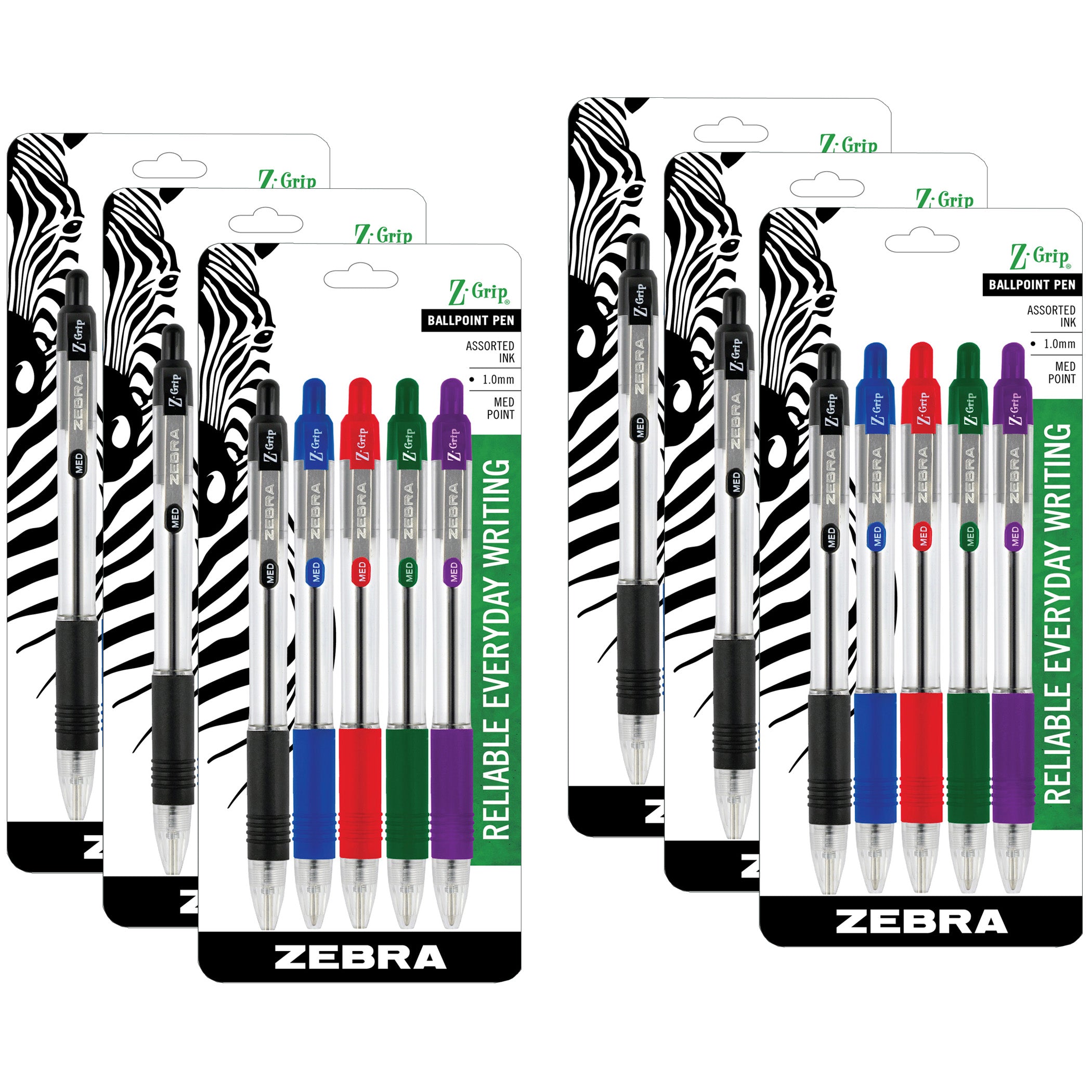 Z-Grip® Ballpoint Retractable Pen, 1.0mm, Assorted, 5 Per Pack, 6 Packs