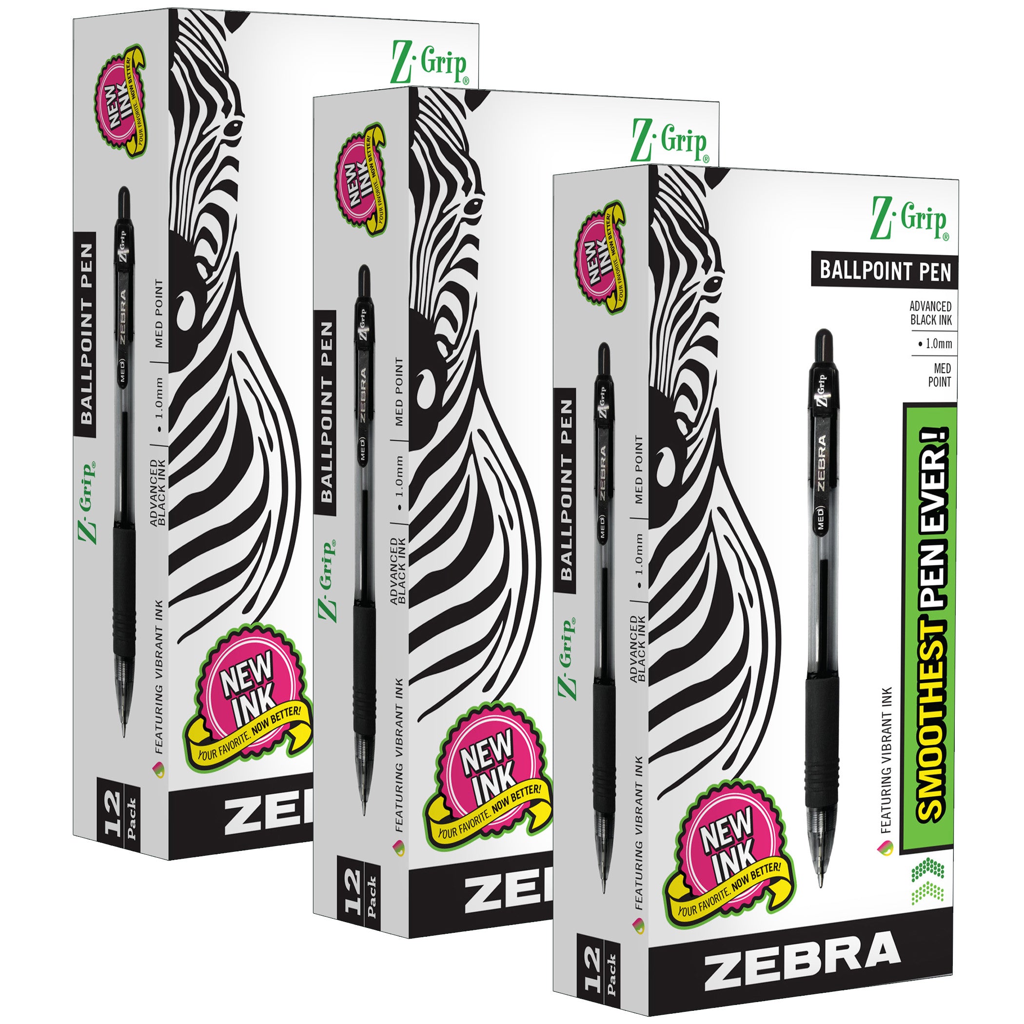 Z-Grip® Ballpoint Retractable Pen, 1.0mm, Black, 12 Per Pack, 3 Packs