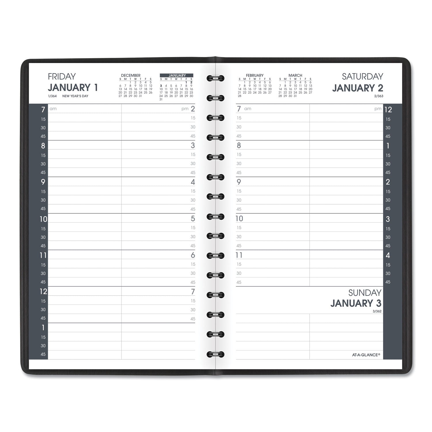 Daily Appointment Book With 15-minute Appointments, One Day/page: Mon To Sun, 8 X 5, Black Cover, 12-month (jan To Dec): 2024