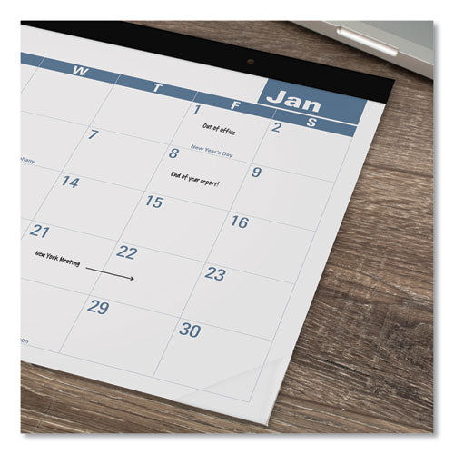 Easy-to-read Monthly Desk Pad, 22 X 17, White/blue Sheets, Black Binding, Clear Corners, 12-month (jan To Dec): 2024