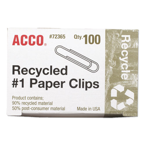 Recycled Paper Clips, #1, Smooth, Silver, 100 Clips/box, 10 Boxes/pack