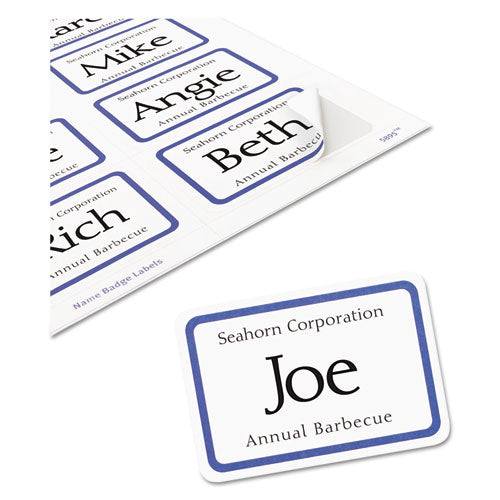 Flexible Adhesive Name Badge Labels, 3.38 X 2.33, White/blue Border, 400/box