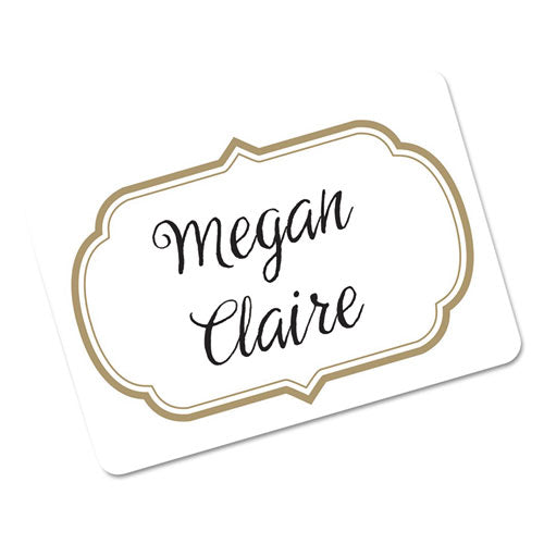 Flexible Adhesive Name Badge Labels, 3 3/8 X 2 1/3, White/gold Border, 120/pk