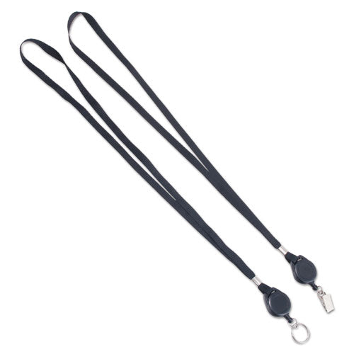 Lanyards With Retractable Id Reels, Metal Split Ring Fastener, 34" Long, Black, 12/pack