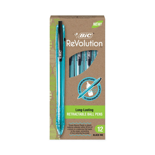 Revolution Ocean Bound Ballpoint Pen, Retractable, Medium 1 Mm, Black Ink/translucent Blue Barrel, Dozen