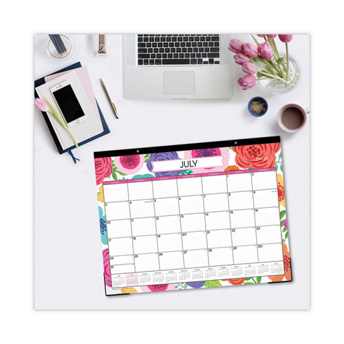 Mahalo Academic Desk Pad, Floral Artwork, 22 X 17, Black Binding, Clear Corners, 12-month (july To June): 2023 To 2024