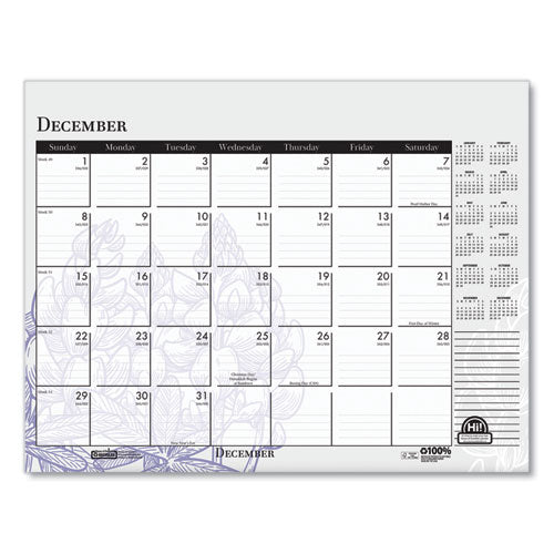 Recycled Desk Pad Calendar, Wild Flowers Artwork, 22 X 17, White Sheets, Black Binding/corners,12-month (jan-dec): 2024