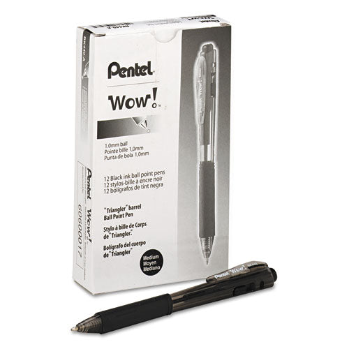 Wow! Ballpoint Pen, Retractable, Medium 1 Mm, Black Ink, Black Barrel, Dozen