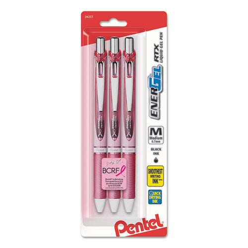 Energel Rtx Gel Pen, Retractable, Medium 0.7 Mm, Black Ink, Pink/silver Barrel, 3/pack