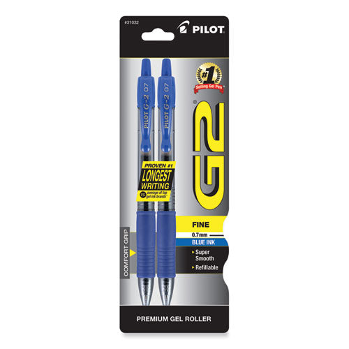 G2 Premium Gel Pen, Retractable, Fine 0.7 Mm, Blue Ink, Smoke Barrel, 2/pack