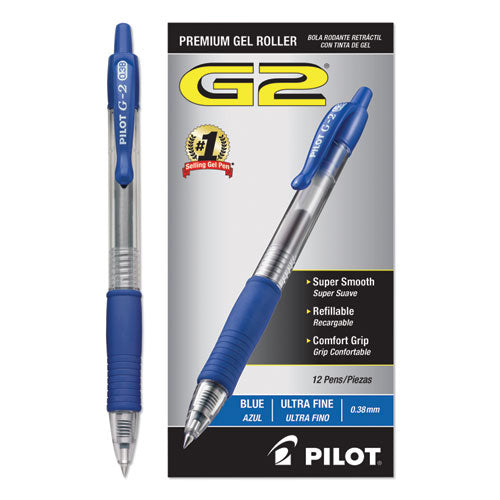 G2 Premium Gel Pen Convenience Pack, Retractable, Extra-fine 0.38 Mm, Blue Ink, Clear/blue Barrel, Dozen