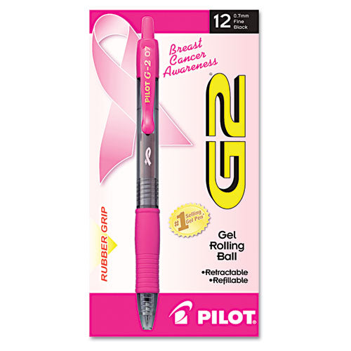 G2 Premium Breast Cancer Awareness Gel Pen, Retractable, Fine 0.7 Mm, Black Ink, Translucent Pink Barrel, Dozen