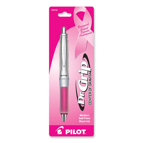 Dr. Grip Center Of Gravity Breast Cancer Awareness Ballpoint Pen, Retractable, Medium 1mm, Black Ink, Silver/pink Barrel