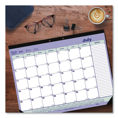 Academic Monthly Desk Pad Calendar, 21.25 X 16, White/blue/green, Black Binding/corners, 13-month (july-july): 2023 To 2024