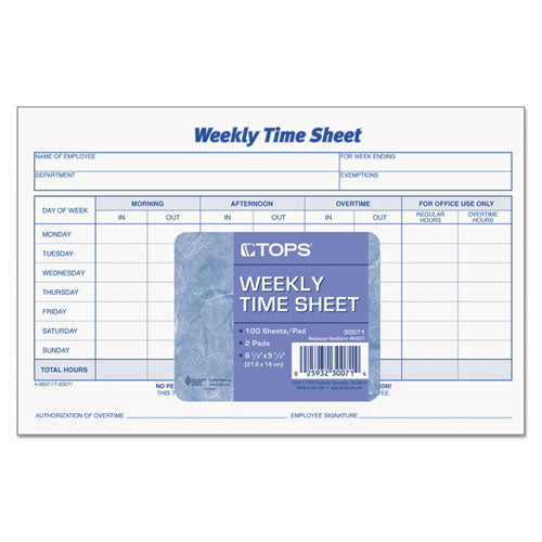 Weekly Time Sheets, One-part (no Copies), 8.5 X 5.5, 50 Forms/pad, 2 Pads/pack