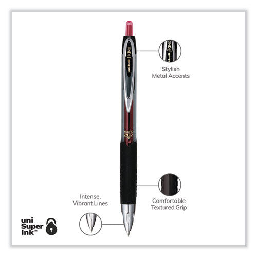 Signo 207 Gel Pen, Retractable, Micro 0.5 Mm, Red Ink, Smoke/black/red Barrel, Dozen