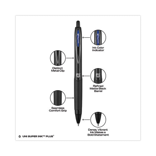 207 Plus+ Gel Pen, Retractable, Medium 0.7 Mm, Blue Ink, Black Barrel, Dozen